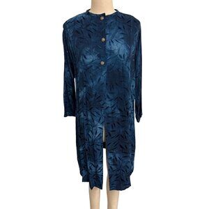 Vintage Handmade Navy Blue Velvet Burnout Duster Cardigan Mandarin Collar Gold B